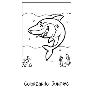 Imagen para colorear de un tiburón sonriente nadando entre burbujas