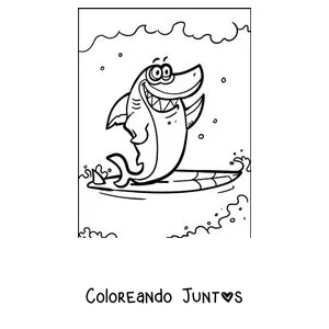Imagen para colorear de un tiburón surfeando sobre una ola