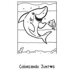 Imagen para colorear de un tiburón nadando junto a un pececito