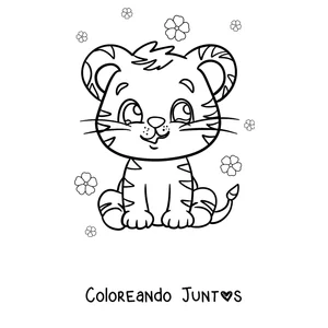 Imagen para colorear de un tigre bebé sentado entre flores