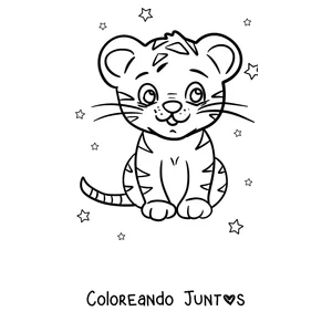 Imagen para colorear de un tigre kawaii sentado entre estrellas