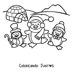 Imagen para colorear de tres pingüinos jugando junto a un iglú