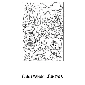 Imagen para colorear de tres Pitufos en el jardín de la aldea